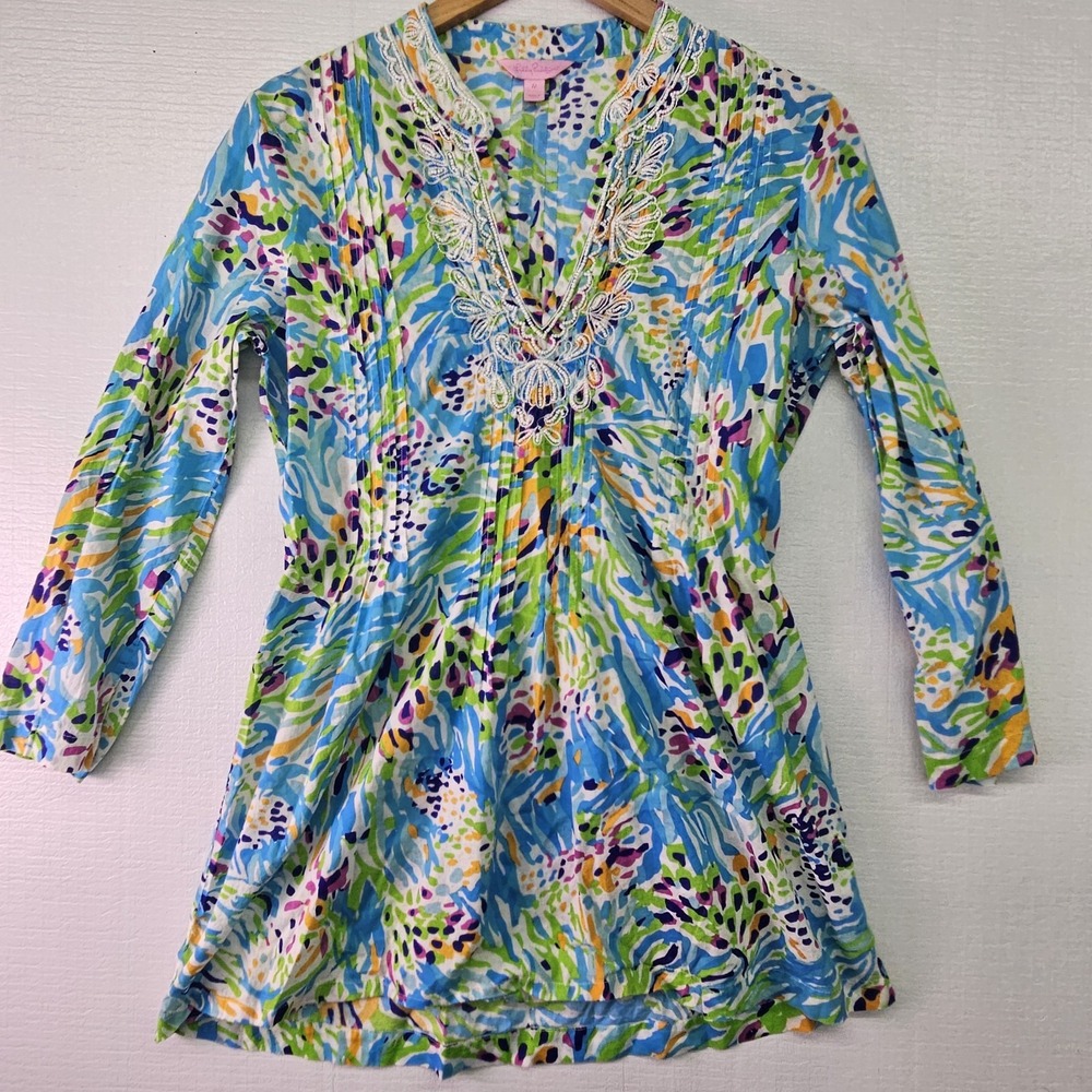 Lilly Pulitzer Sarasota Beaded Pintuck Tunic Top SZ Medium Resort Vacation Beach
